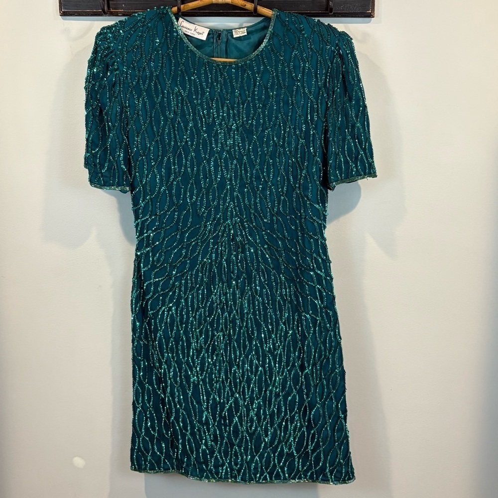 Vintage Laurence Kazar Emerald Green Sequin Beaded Silk Cocktail Dress Size L